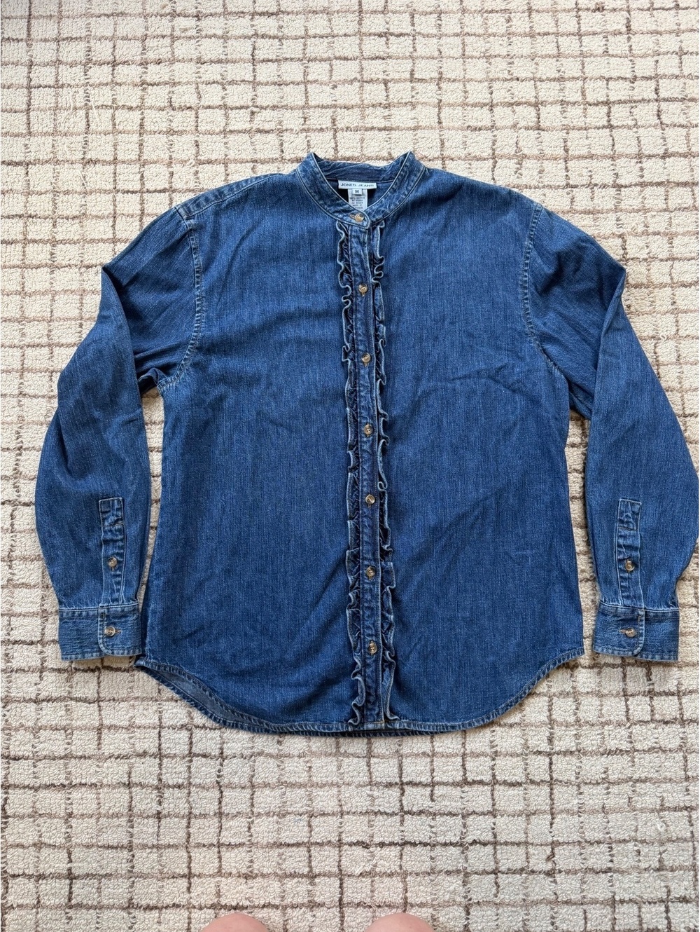 Women’s Ruffle Front Denim Jean Shirt Cottagecore Grandma granny boho fairy med